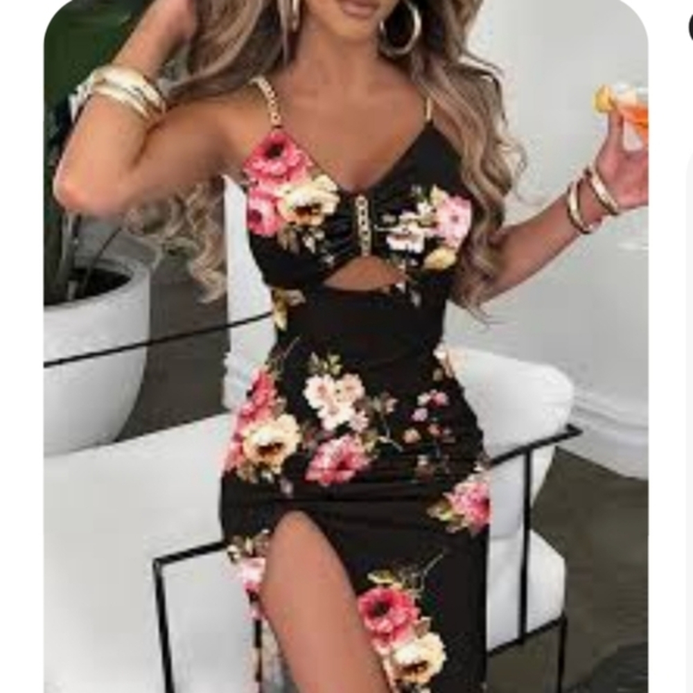 Shein Floral Black Dress with Cutout Detail Size M